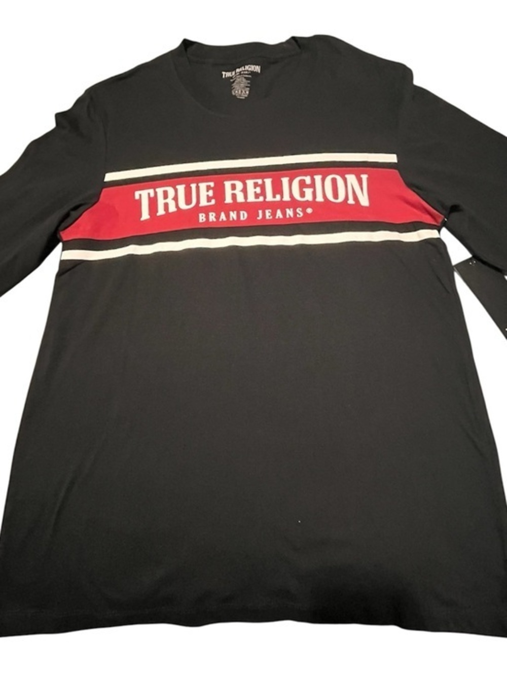 True Religion Black Long Sleeve Shirt with Red Chest Panel and White Logo